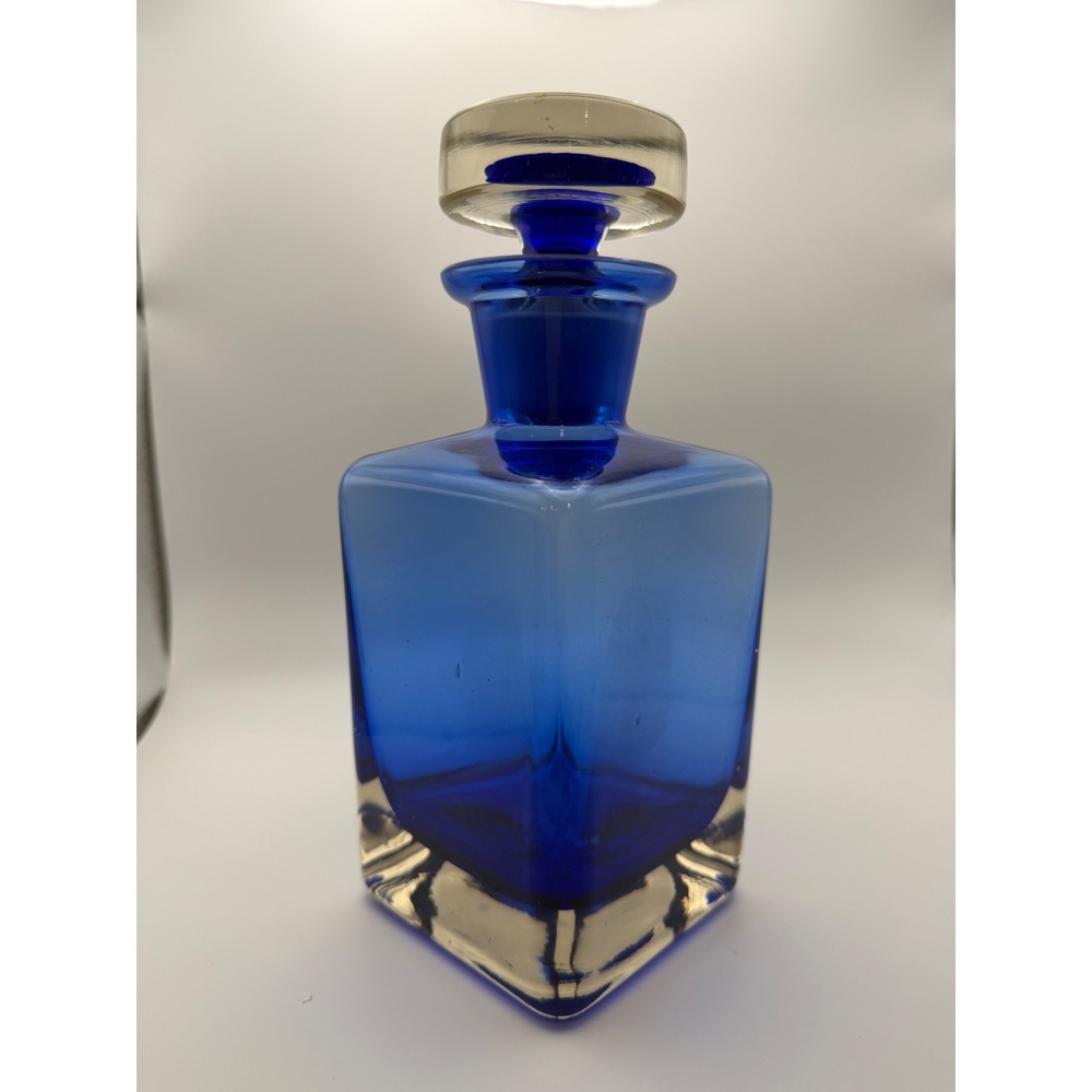 Vintage Cobalt Blue Glass Decanter Square Bottle Clear Base with Stopper MCM